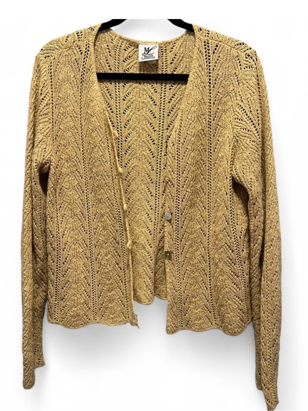 Vintage 90s Maggie Lawrence Gold Open Knit Cardigan Iridescent Pearl Buttons L